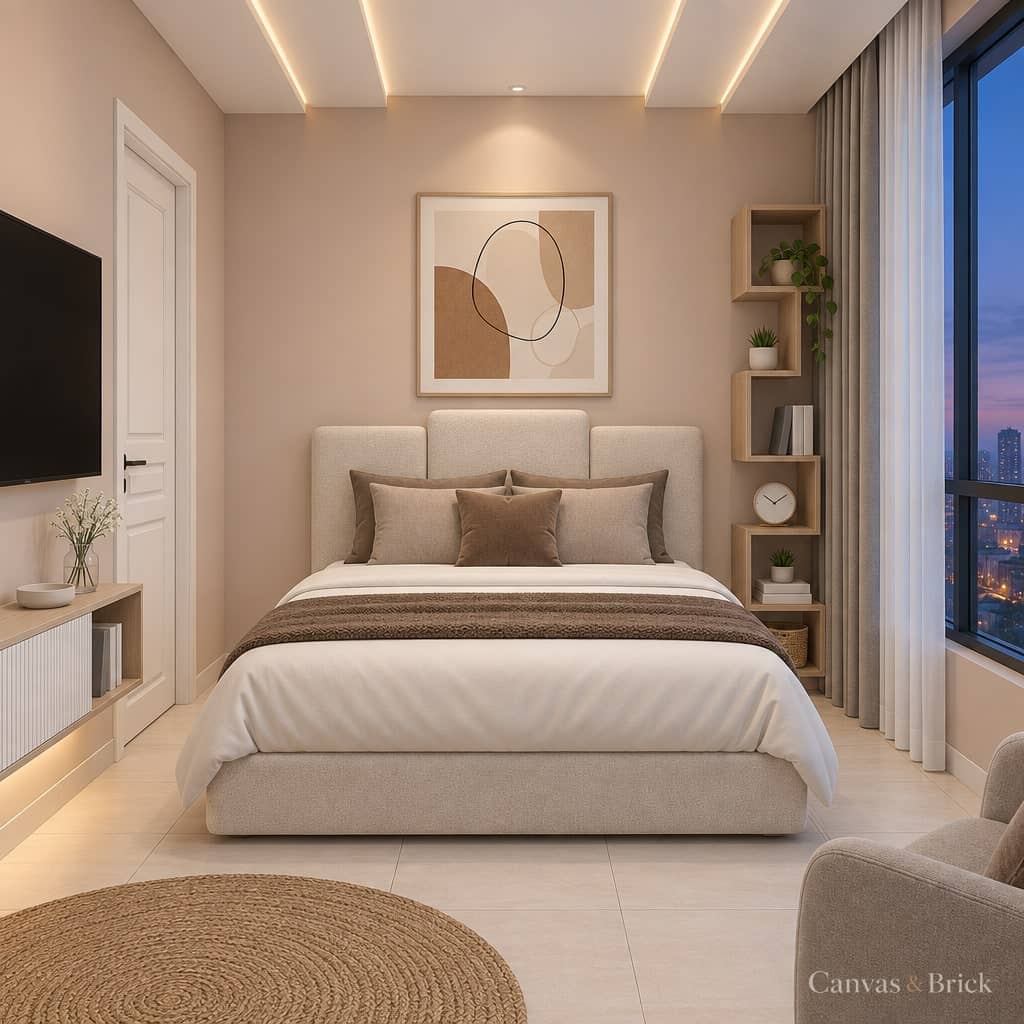 Guest bedroom bedroom design in Kolkata by Canvas & Brick