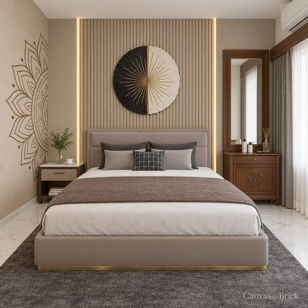 Warm minimal bedroom design in Kolkata by Canvas & Brick