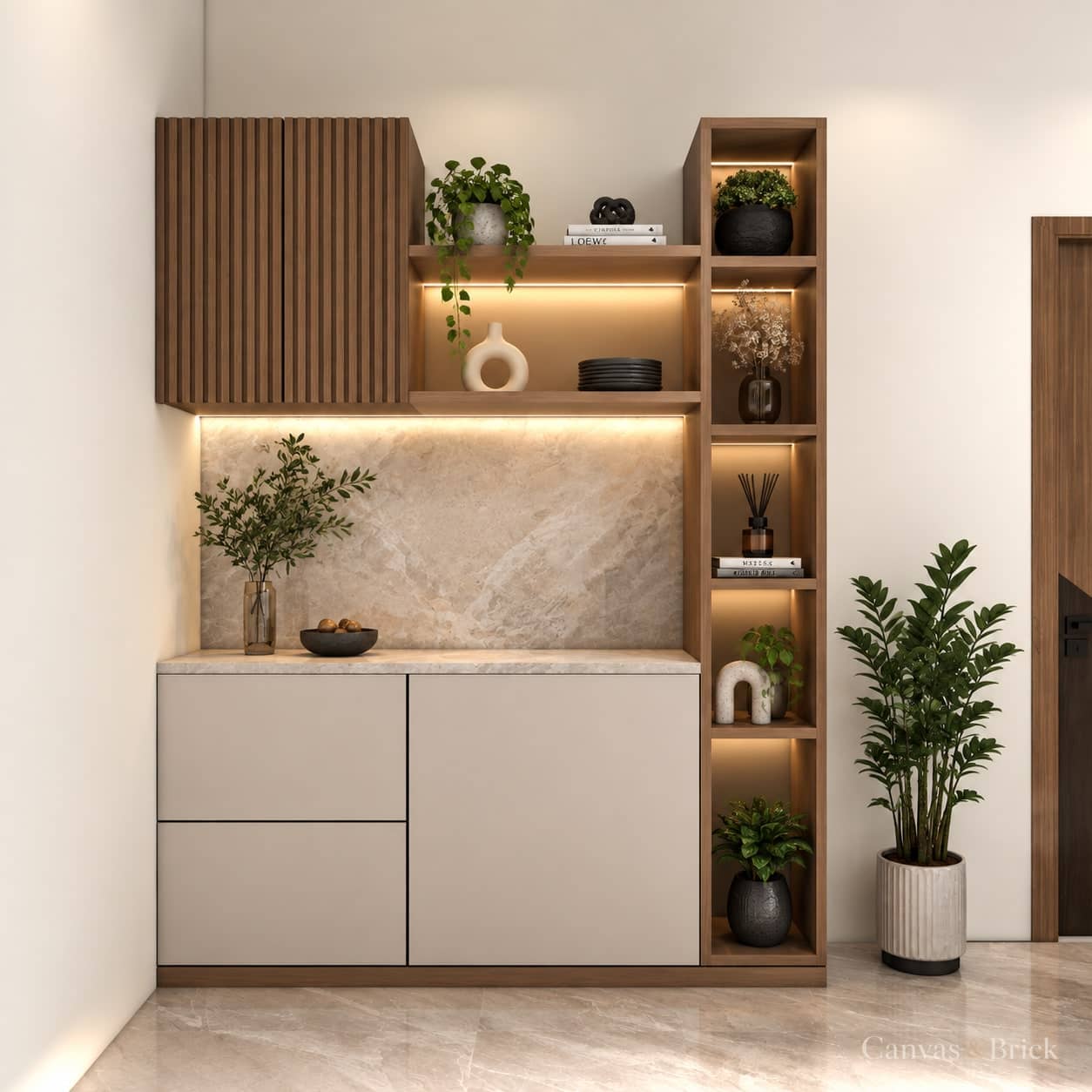 Fluted glass front crockery unit design in Kolkata by Canvas & Brick