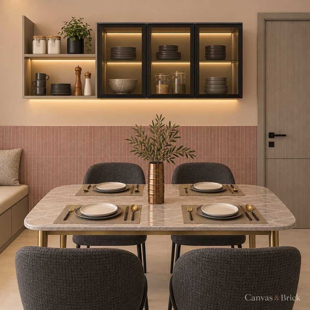 Open-plan living-dining dining room design in Kolkata by Canvas & Brick
