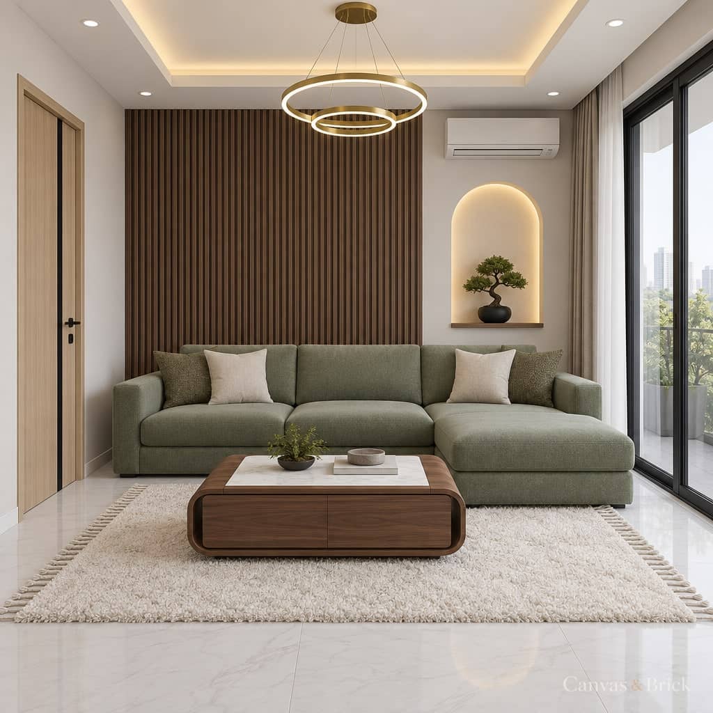 Compact 2 BHK living room design in Kolkata by Canvas & Brick