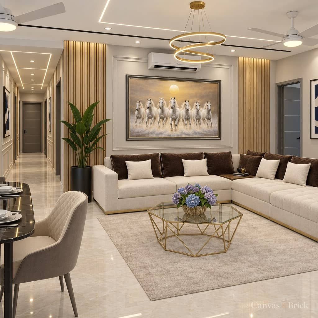 Contemporary minimal living room design in Kolkata by Canvas & Brick