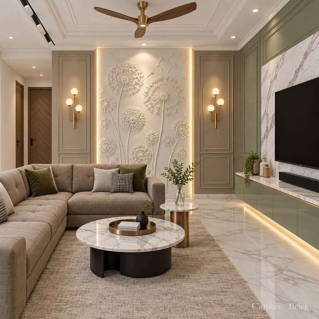 Statement stone living room design in Kolkata by Canvas & Brick