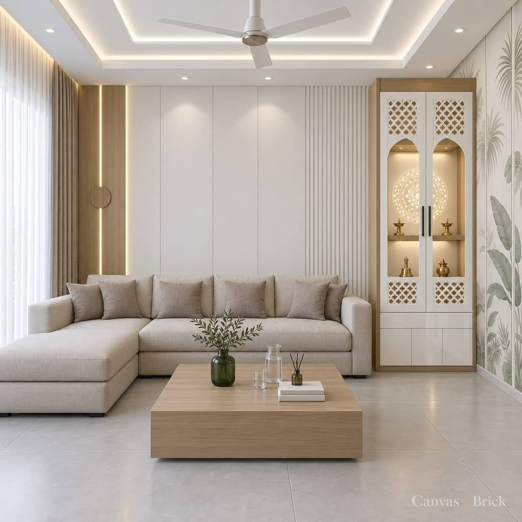 Warm modern living room design in Kolkata by Canvas & Brick