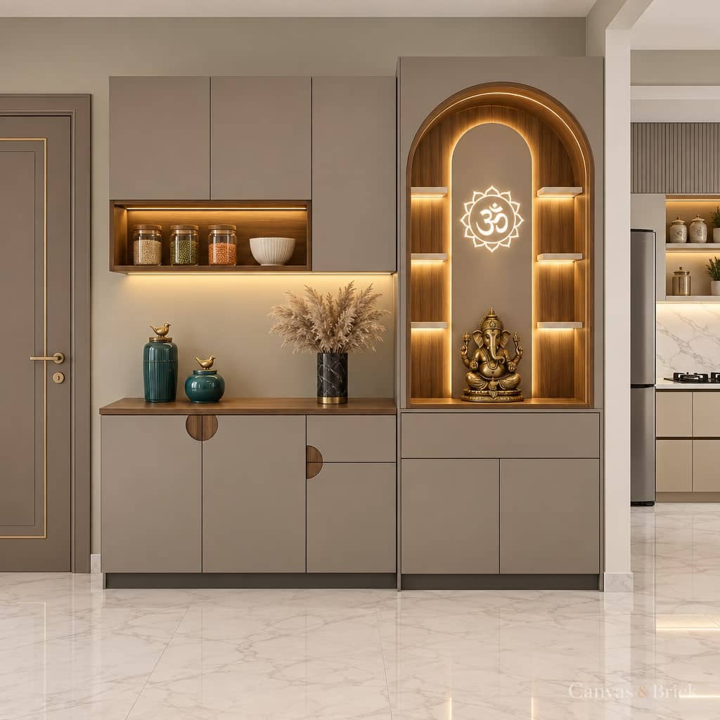 Contemporary minimal mandir unit design in Kolkata by Canvas & Brick