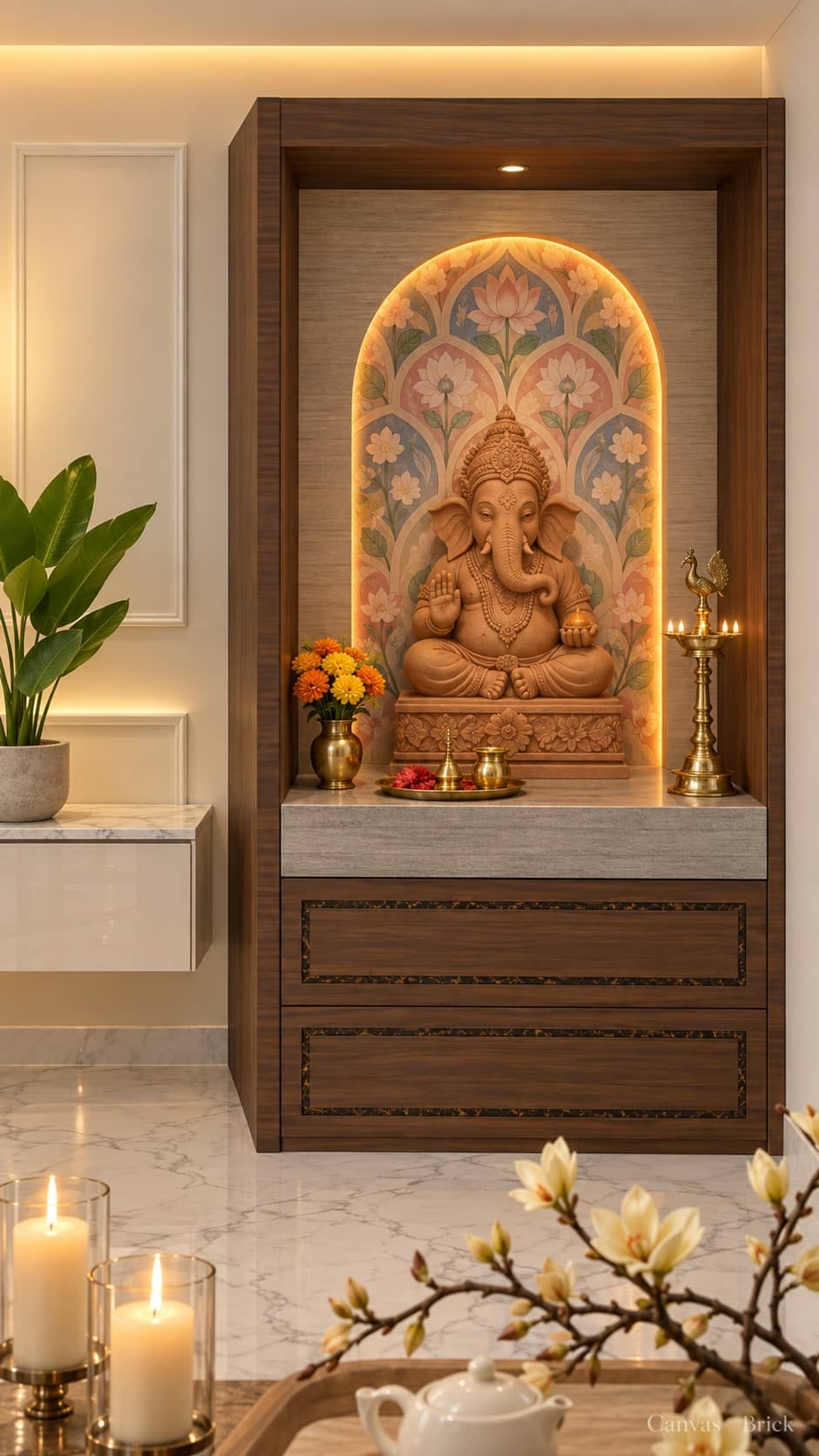 Enclosed pooja room mandir unit design in Kolkata by Canvas & Brick
