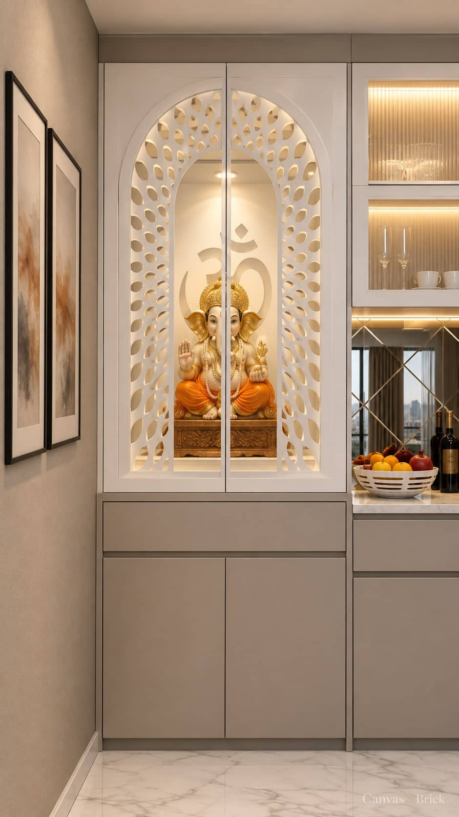 Floor-standing mandir unit design in Kolkata by Canvas & Brick