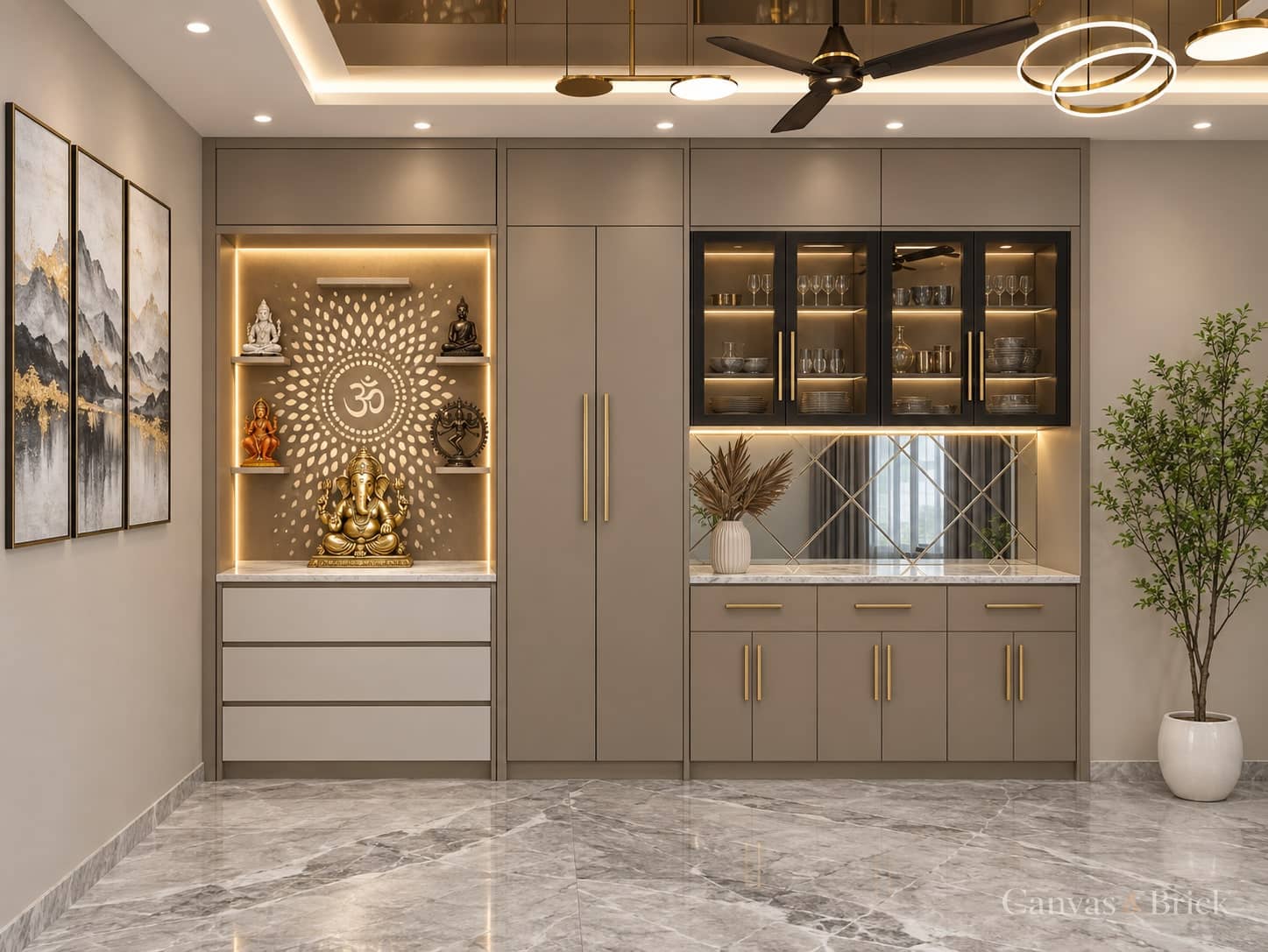 Traditional carved mandir unit design in Kolkata by Canvas & Brick