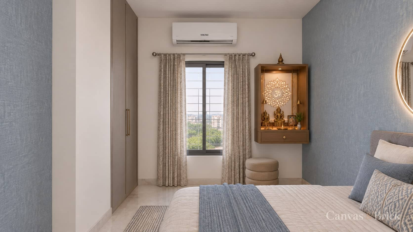 Wall-mounted mandir unit design in Kolkata by Canvas & Brick
