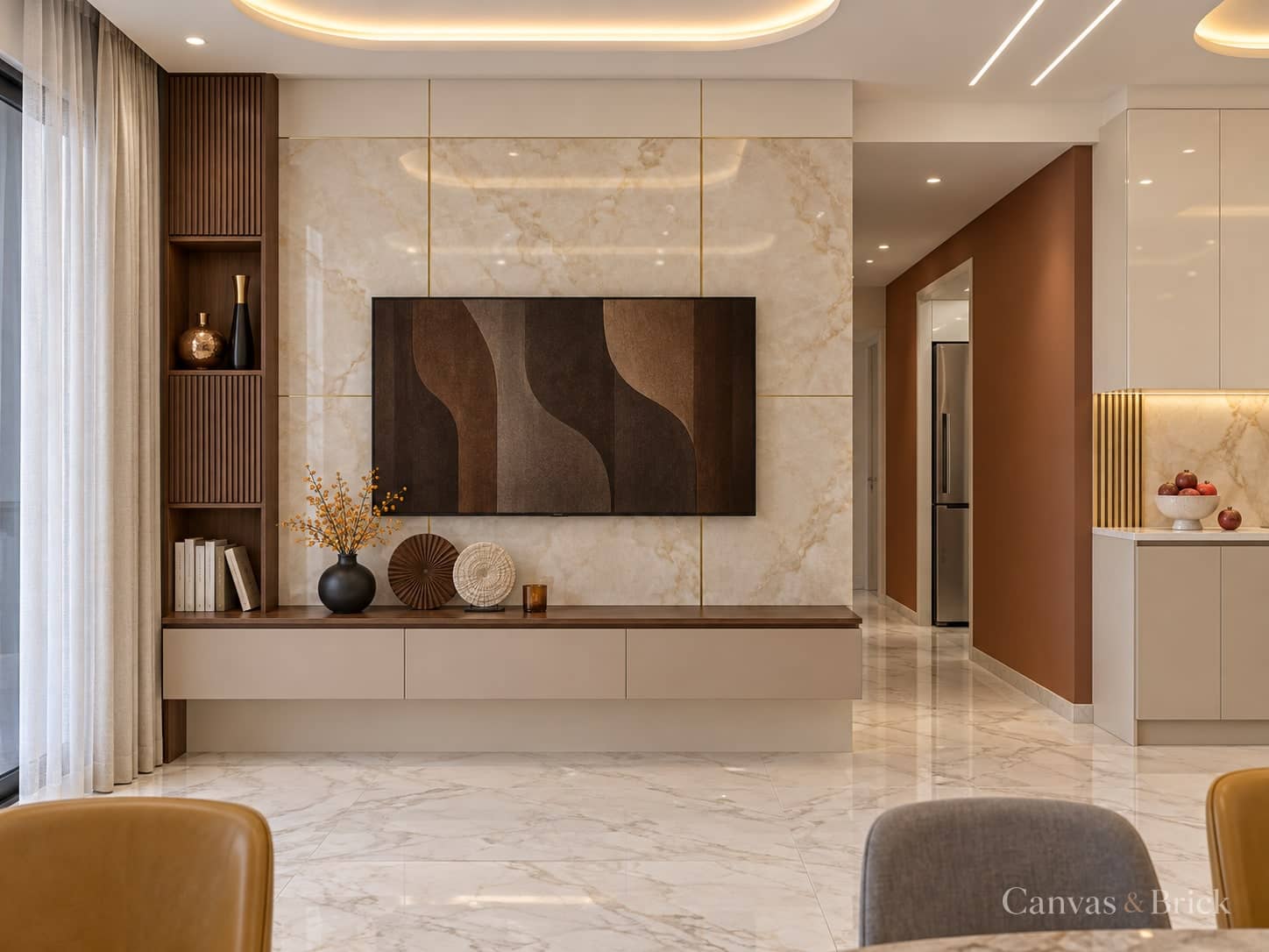 Compact flat tv unit design in Kolkata by Canvas & Brick