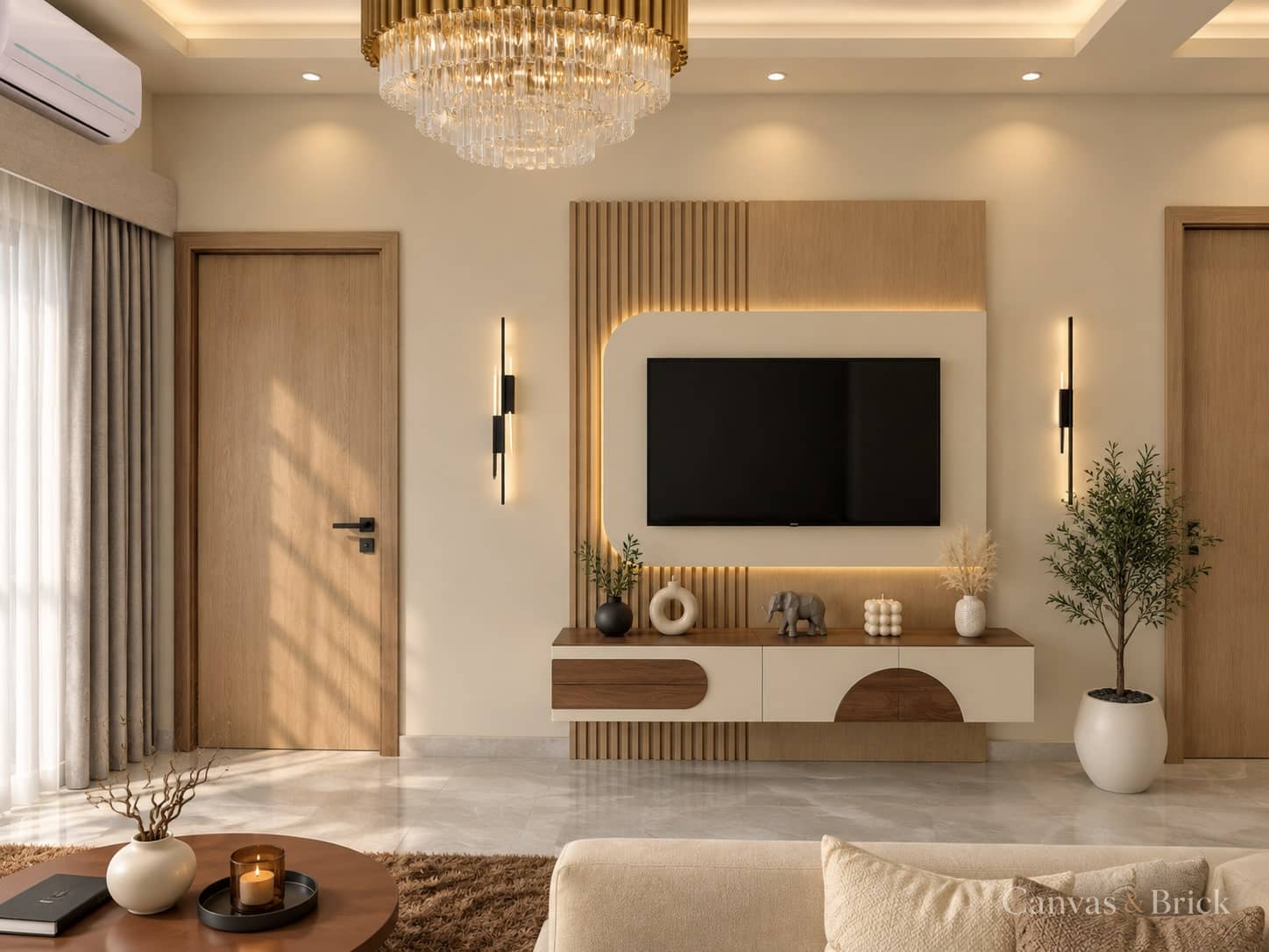 Full wall panelling tv unit design in Kolkata by Canvas & Brick