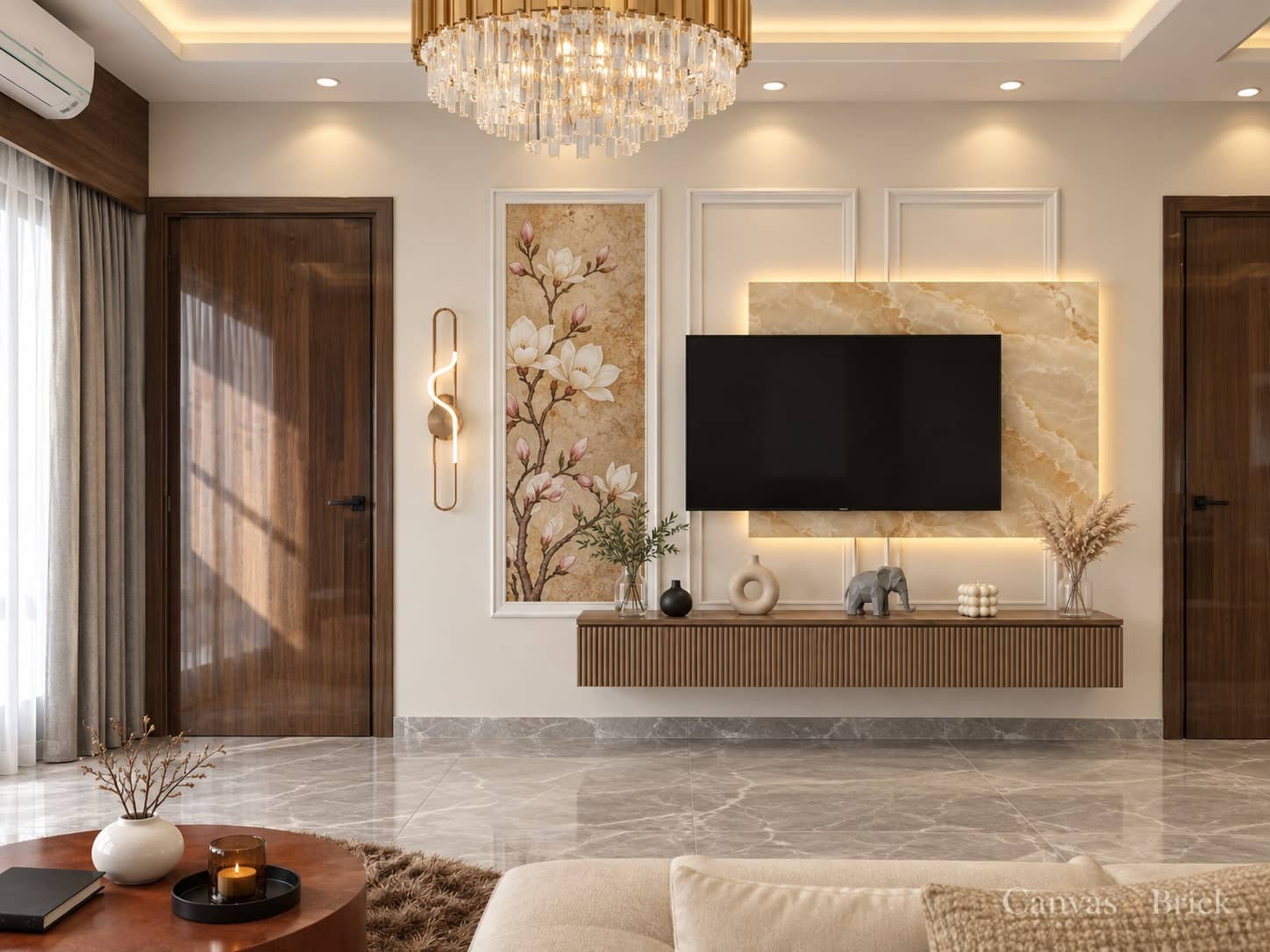 Stone backdrop tv unit design in Kolkata by Canvas & Brick