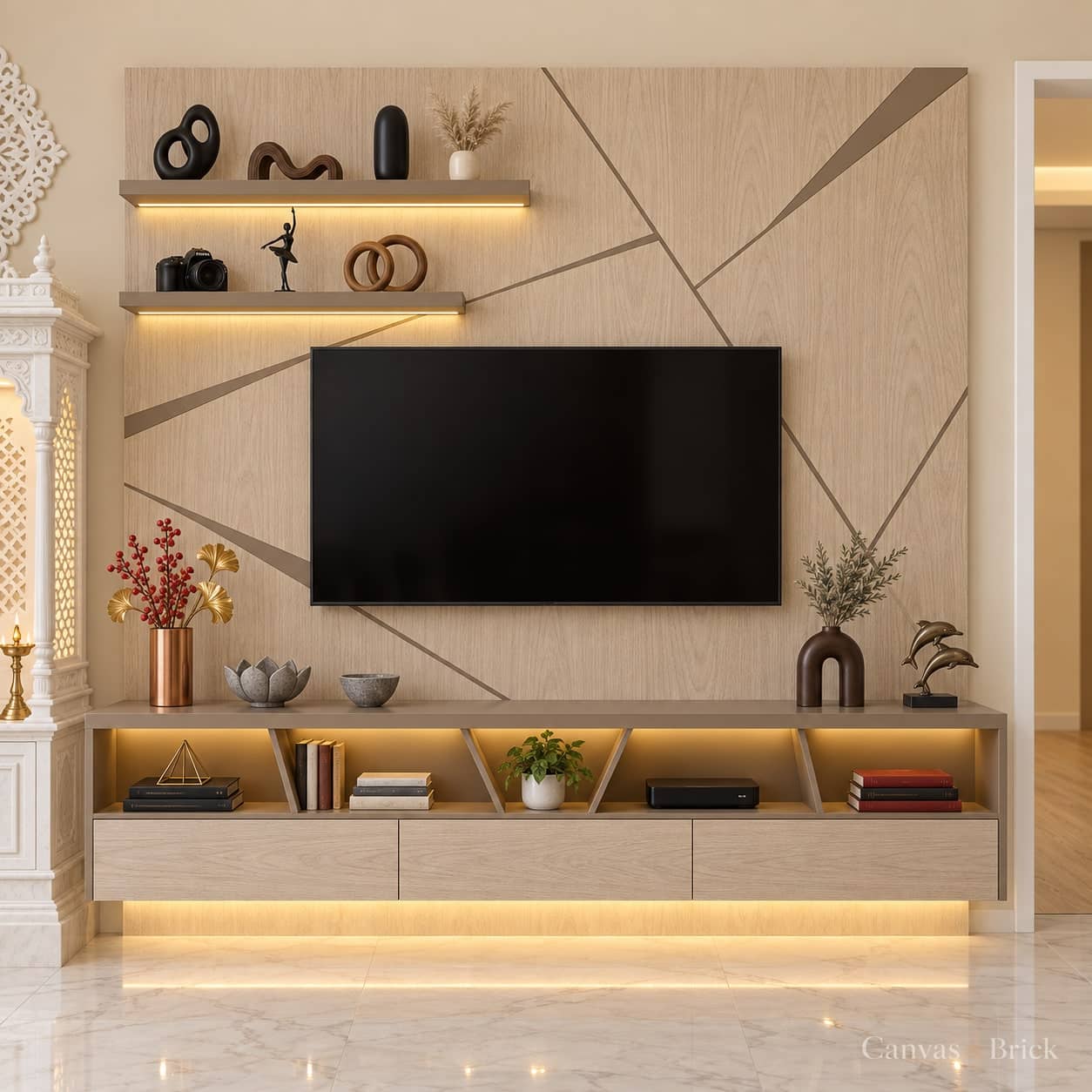 With crockery display tv unit design in Kolkata by Canvas & Brick