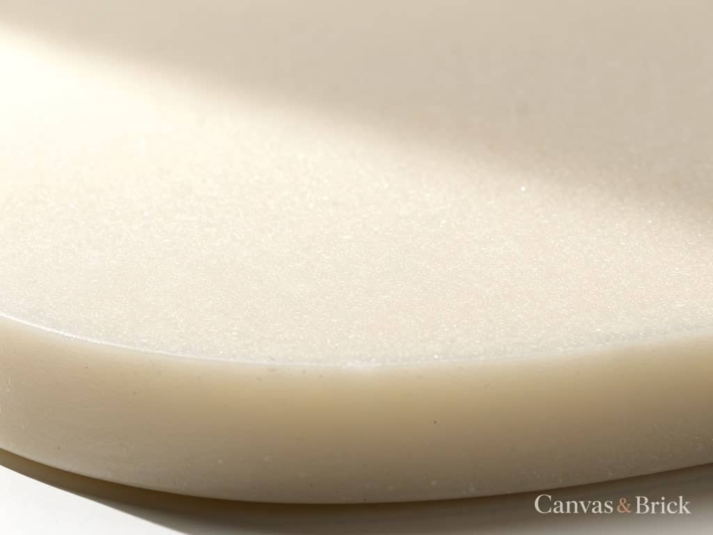 Seamless Corian solid surface panel in warm off-white with a radiused edge