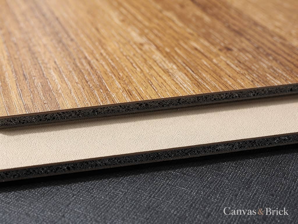 Decorative laminate sample sheets in oak, sand and charcoal, showing the dense core at each edge