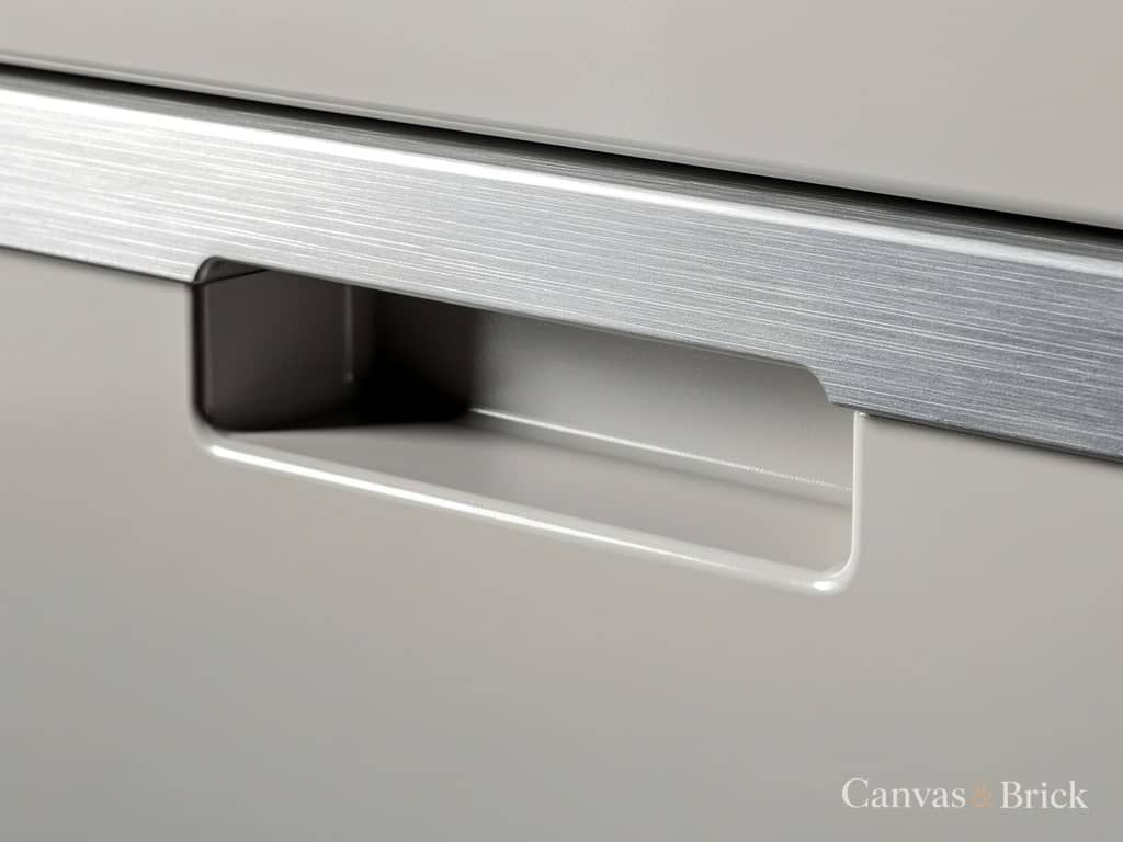 Anodised aluminium J-profile handle channel routed into the top edge of a shutter