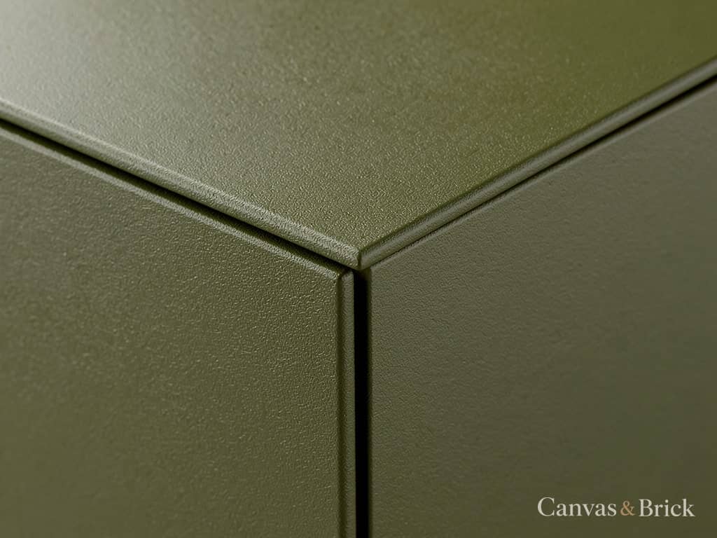Hand-sprayed matte polyurethane shutter in a deep muted green