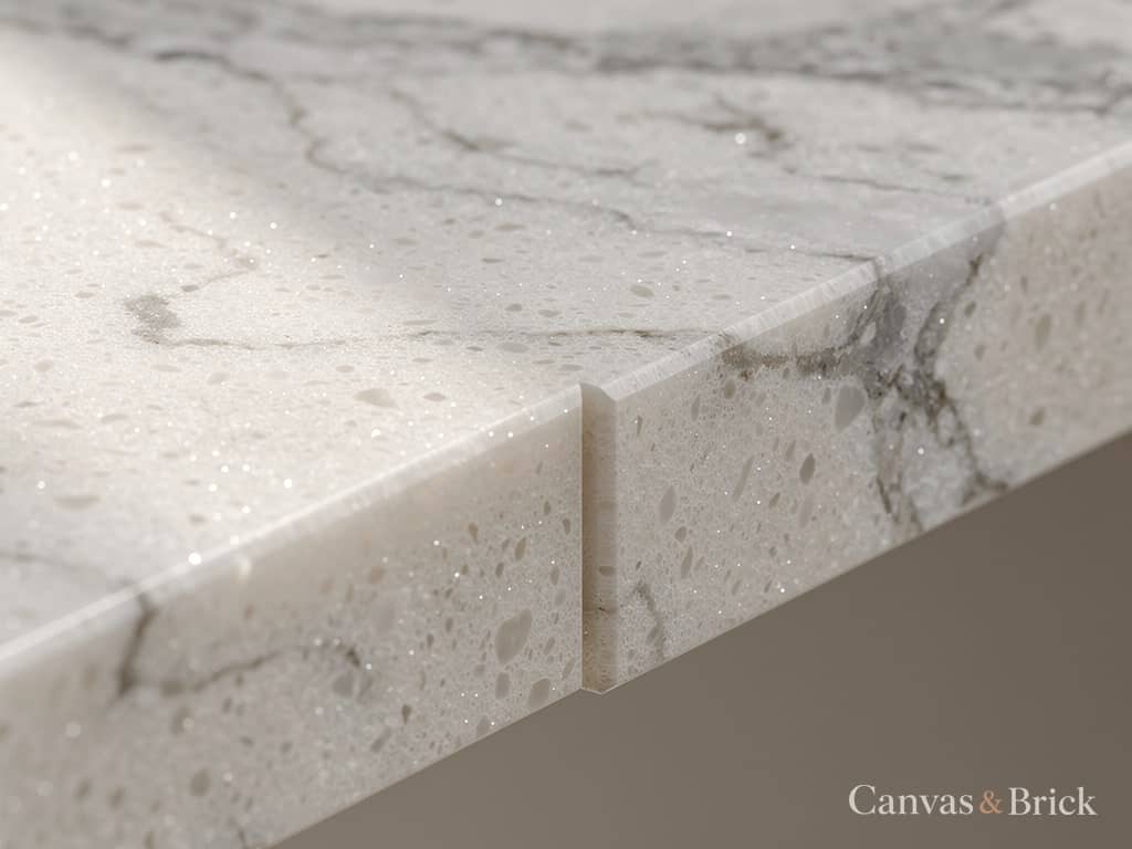 Engineered quartz countertop in warm white with fine grey veining and a polished mitred edge