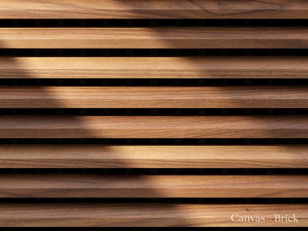 Ventilated louvred cabinet shutter in walnut, angled slats with open gaps between them