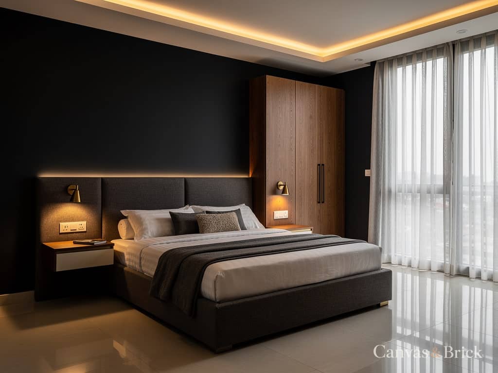 Dark & moody bedroom design in Kolkata by Canvas & Brick