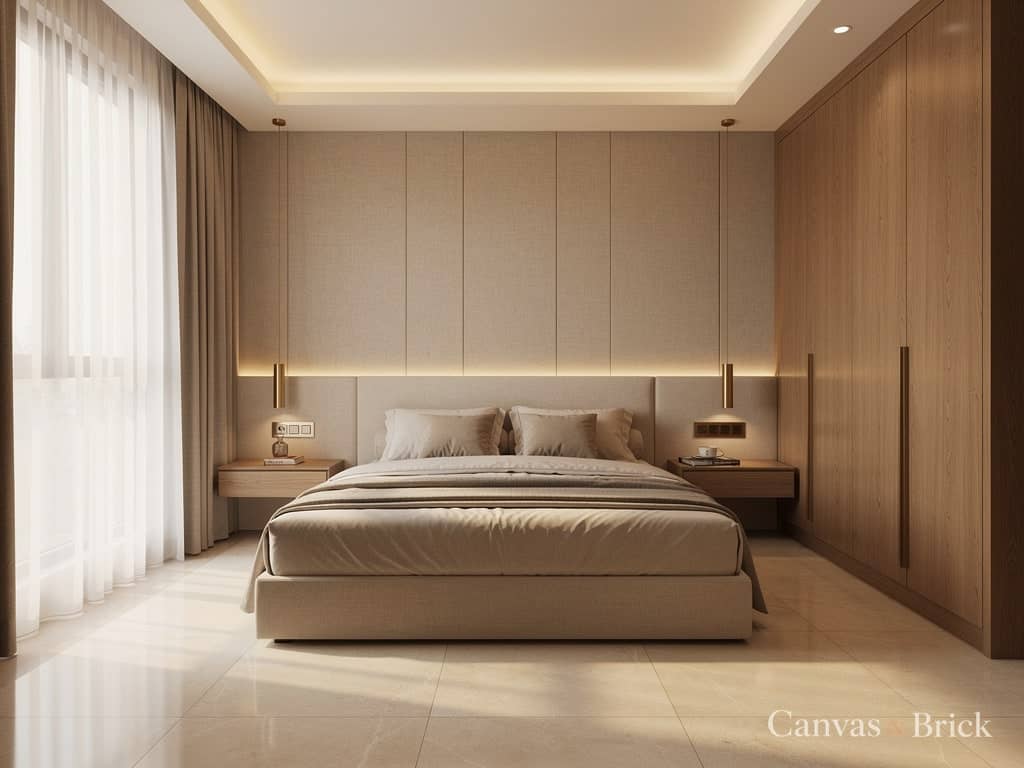 Warm minimal bedroom design in Kolkata by Canvas & Brick