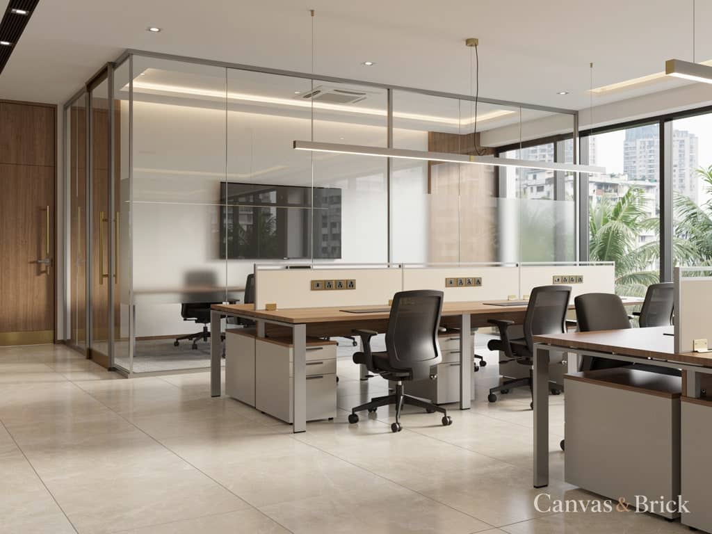 Glass conference room commercial interiors design in Kolkata by Canvas & Brick