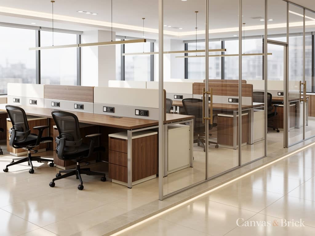 Open-plan workstations commercial interiors design in Kolkata by Canvas & Brick