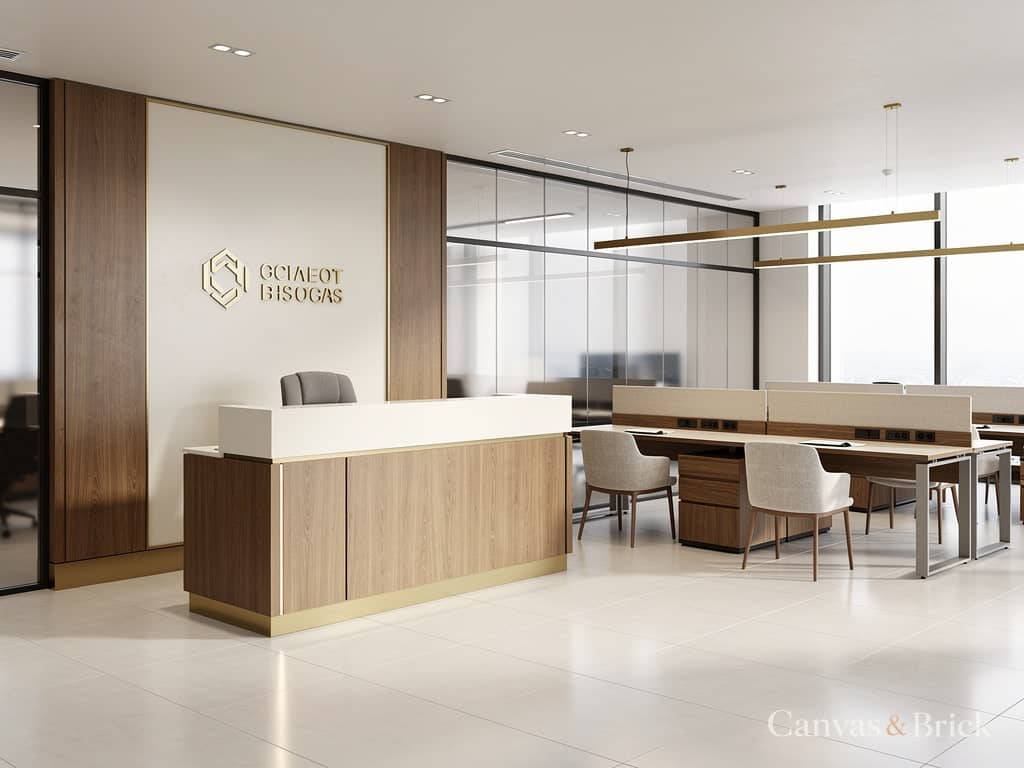 Reception and branding wall commercial interiors design in Kolkata by Canvas & Brick