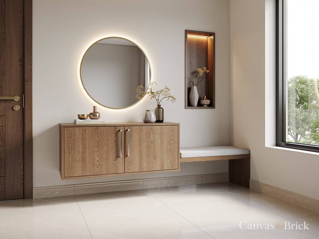 Compact lobby console & decor units design in Kolkata by Canvas & Brick