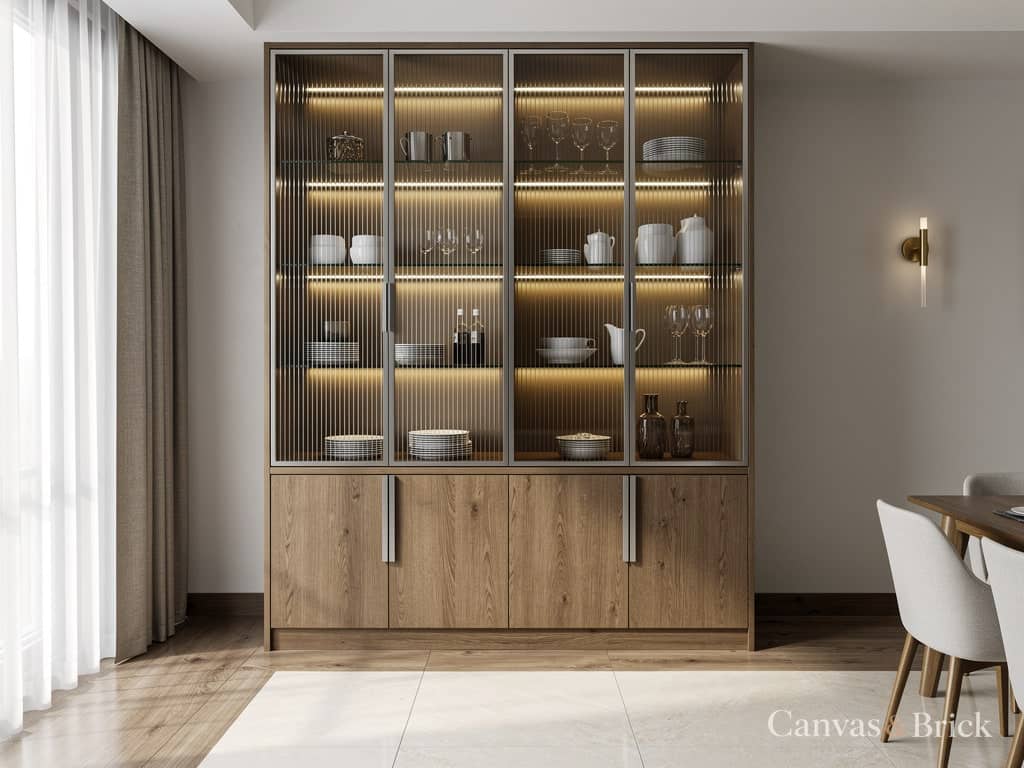 Fluted glass front crockery unit design in Kolkata by Canvas & Brick