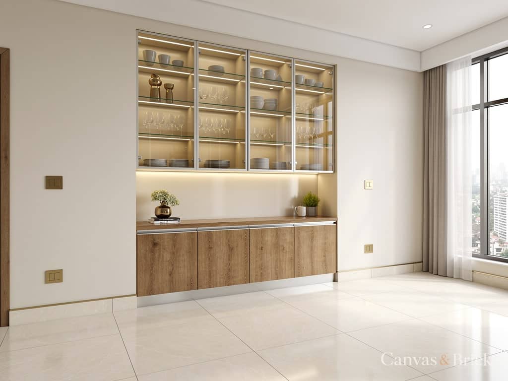 Half display, half storage crockery unit design in Kolkata by Canvas & Brick