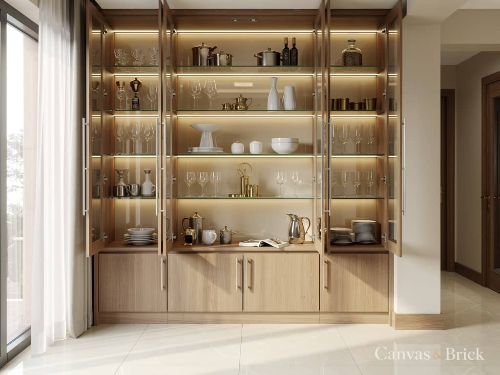 Open shelving crockery unit design in Kolkata by Canvas & Brick