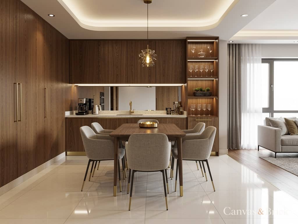 Breakfast counter dining room design in Kolkata by Canvas & Brick