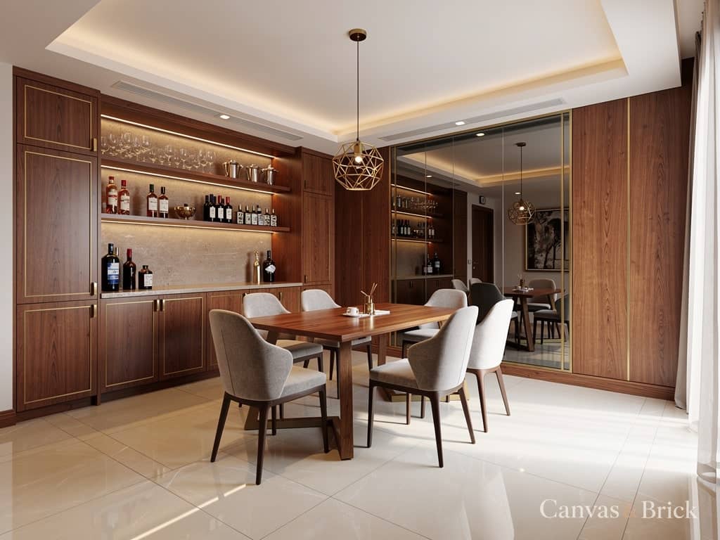 Dining with bar dining room design in Kolkata by Canvas & Brick