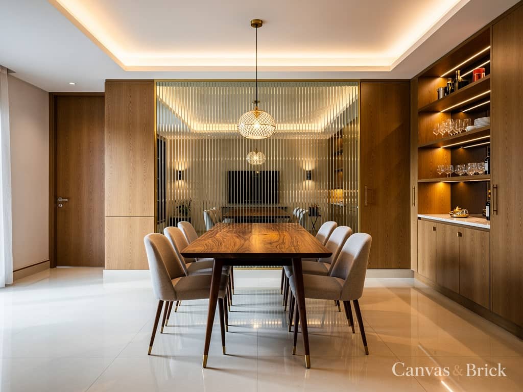 Mirror feature wall dining room design in Kolkata by Canvas & Brick