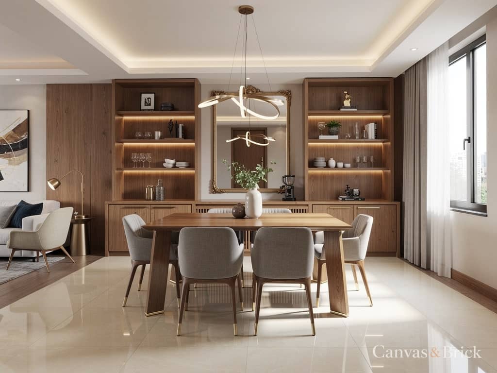 Open-plan living-dining dining room design in Kolkata by Canvas & Brick