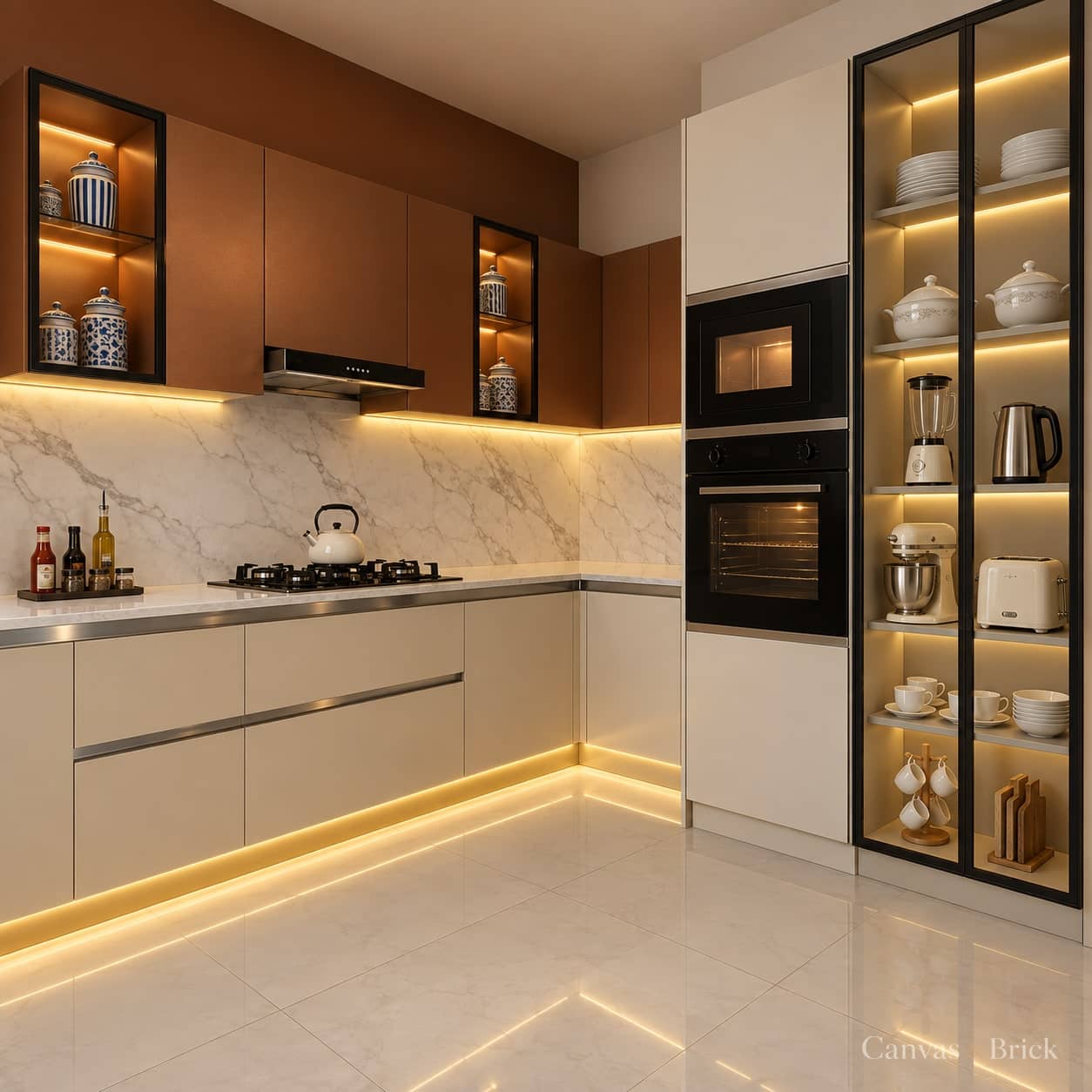 Kitchen with utility kitchen designs design in Kolkata by Canvas & Brick