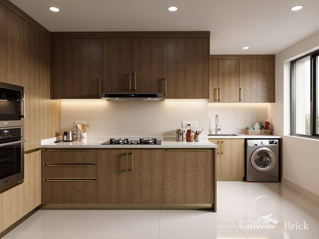 Kitchen with utility kitchen designs design in Kolkata by Canvas & Brick