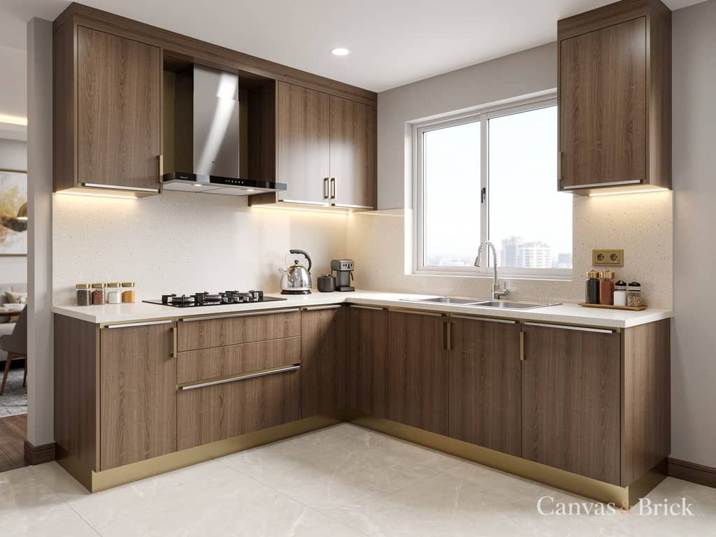 L-shaped kitchen kitchen designs design in Kolkata by Canvas & Brick