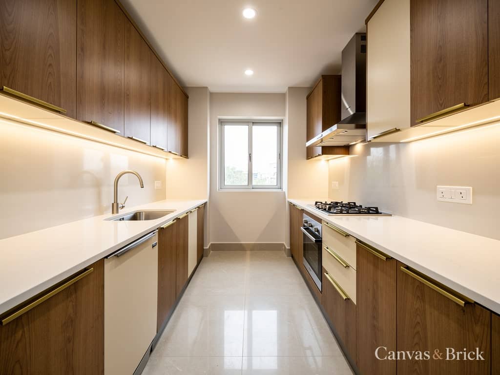 Parallel kitchen kitchen designs design in Kolkata by Canvas & Brick