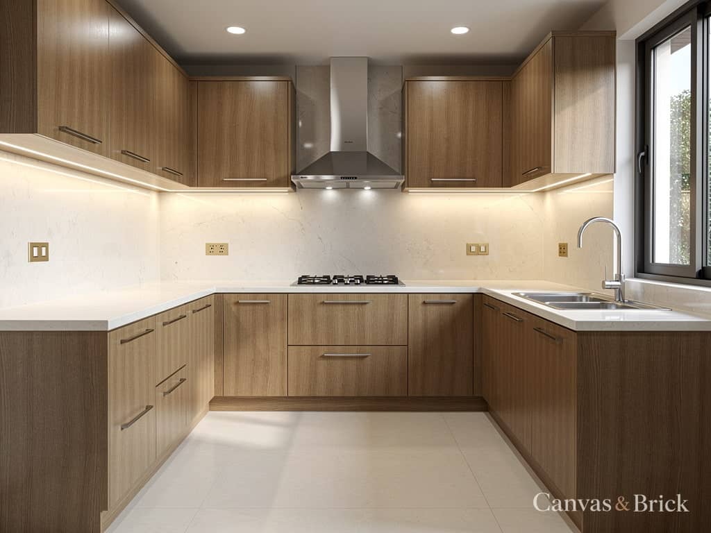 U-shaped kitchen kitchen designs design in Kolkata by Canvas & Brick