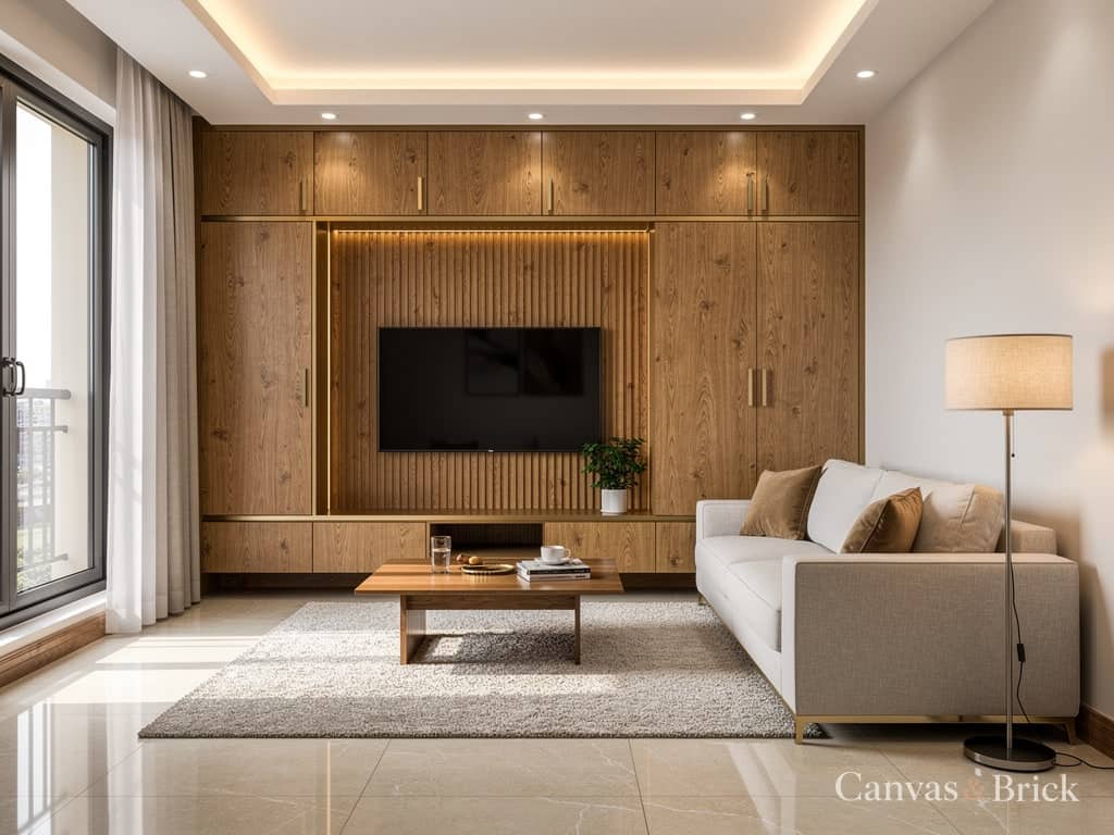 Compact 2 BHK living room design in Kolkata by Canvas & Brick