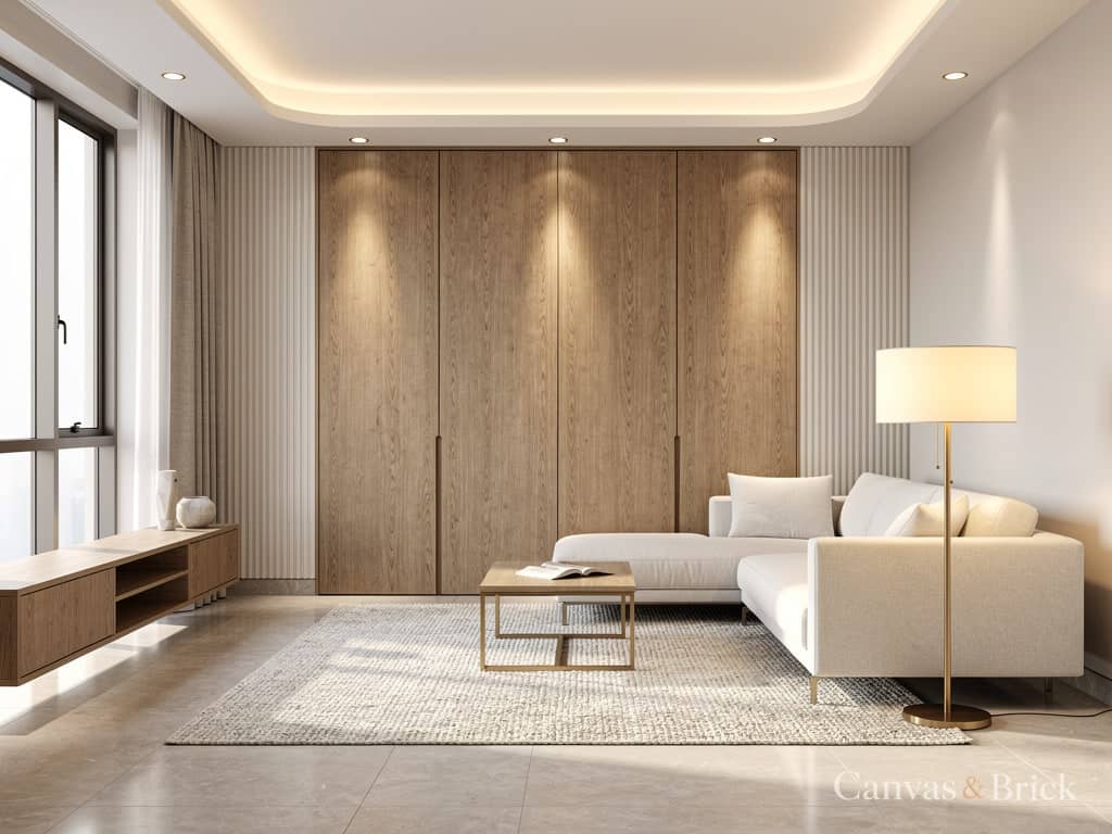 Contemporary minimal living room design in Kolkata by Canvas & Brick