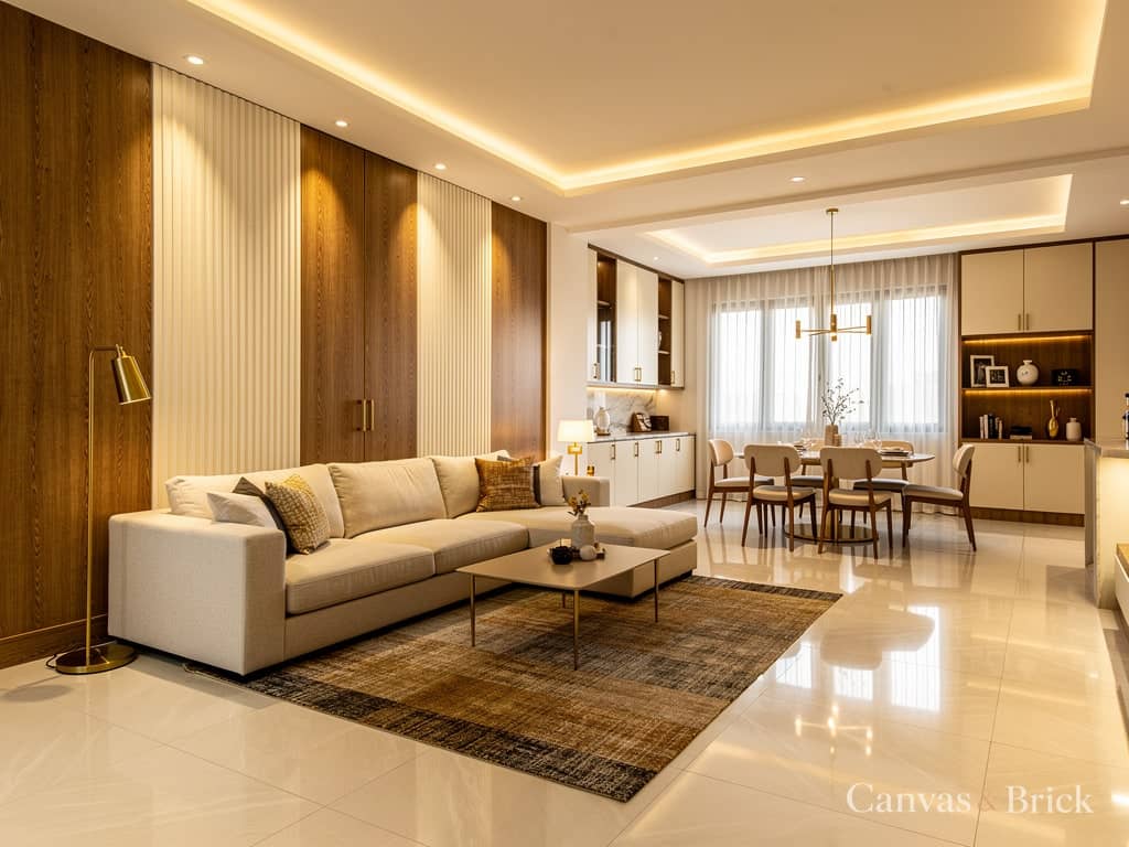 Open-plan living-dining living room design in Kolkata by Canvas & Brick