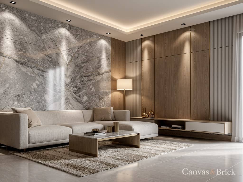 Statement stone living room design in Kolkata by Canvas & Brick