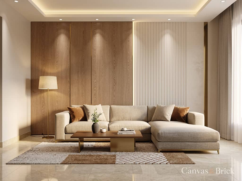 Warm modern living room design in Kolkata by Canvas & Brick