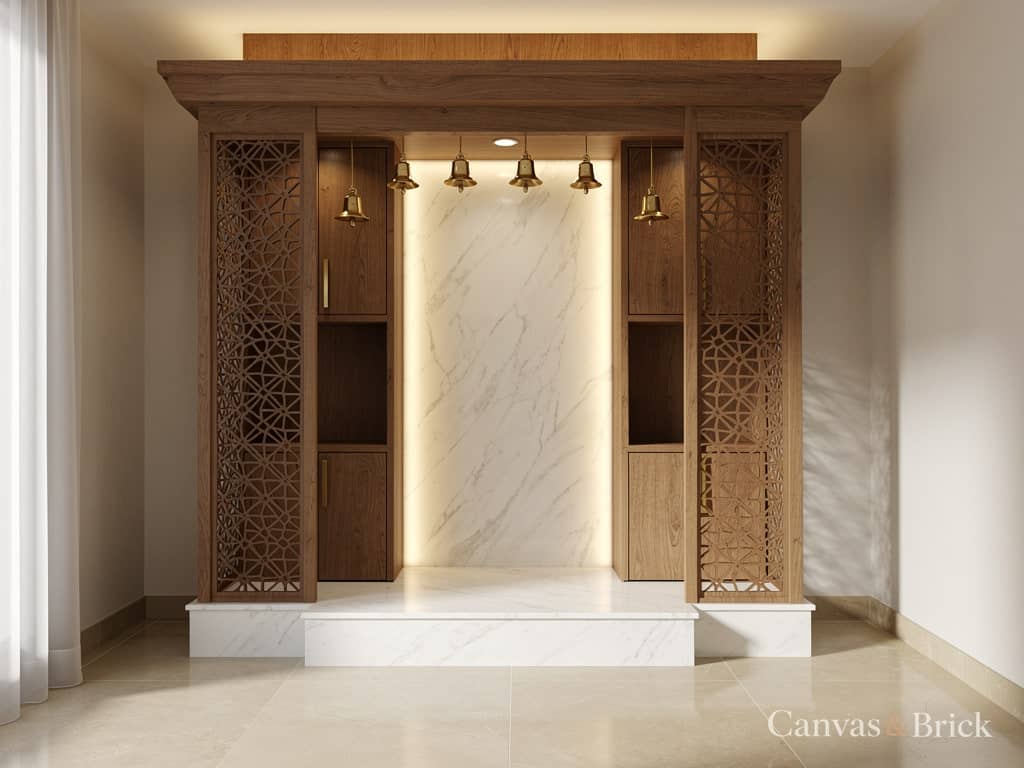 Contemporary minimal mandir unit design in Kolkata by Canvas & Brick