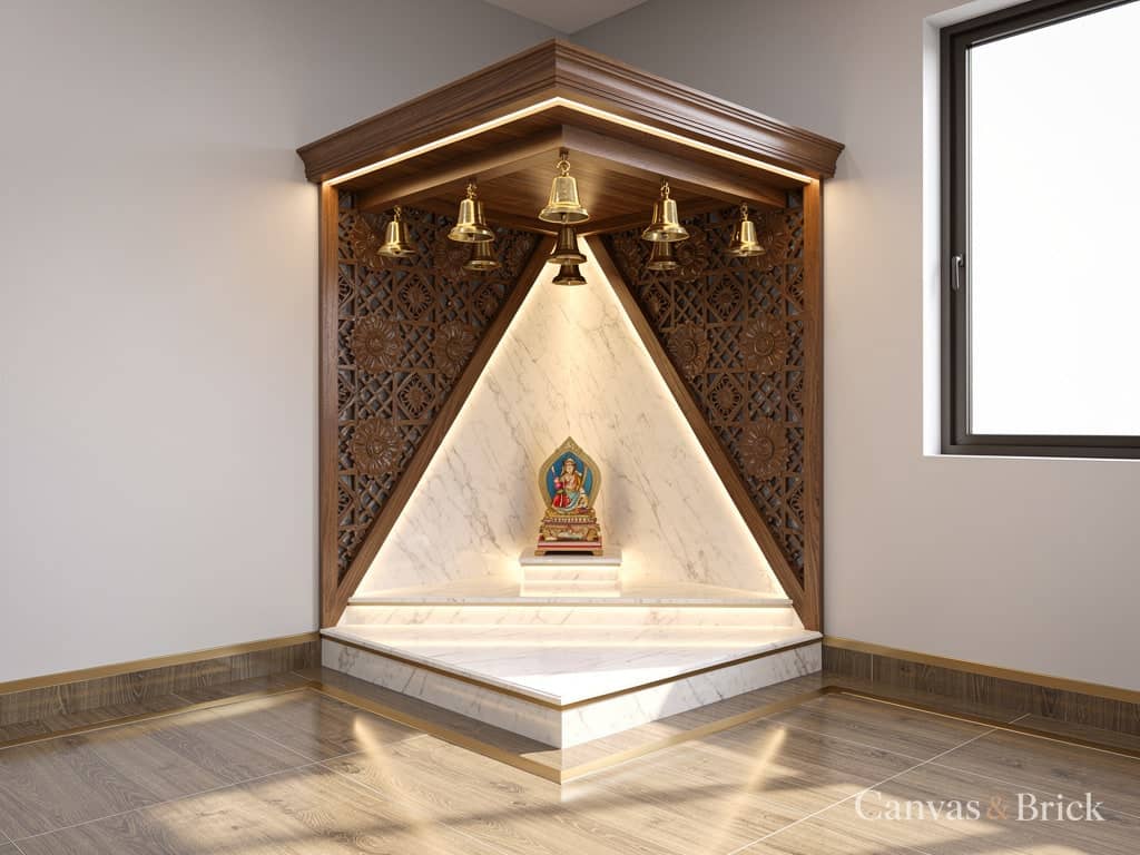 Corner mandir mandir unit design in Kolkata by Canvas & Brick
