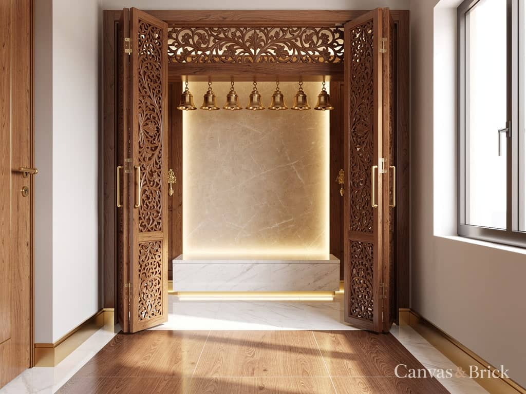 Enclosed pooja room mandir unit design in Kolkata by Canvas & Brick