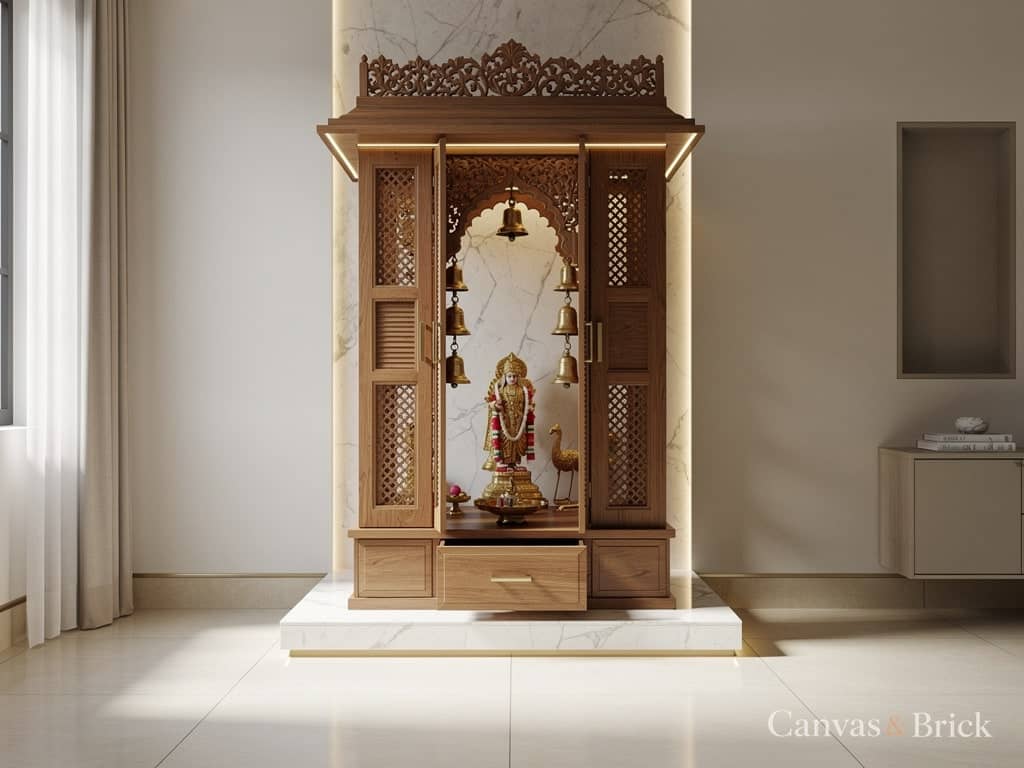 Floor-standing mandir unit design in Kolkata by Canvas & Brick